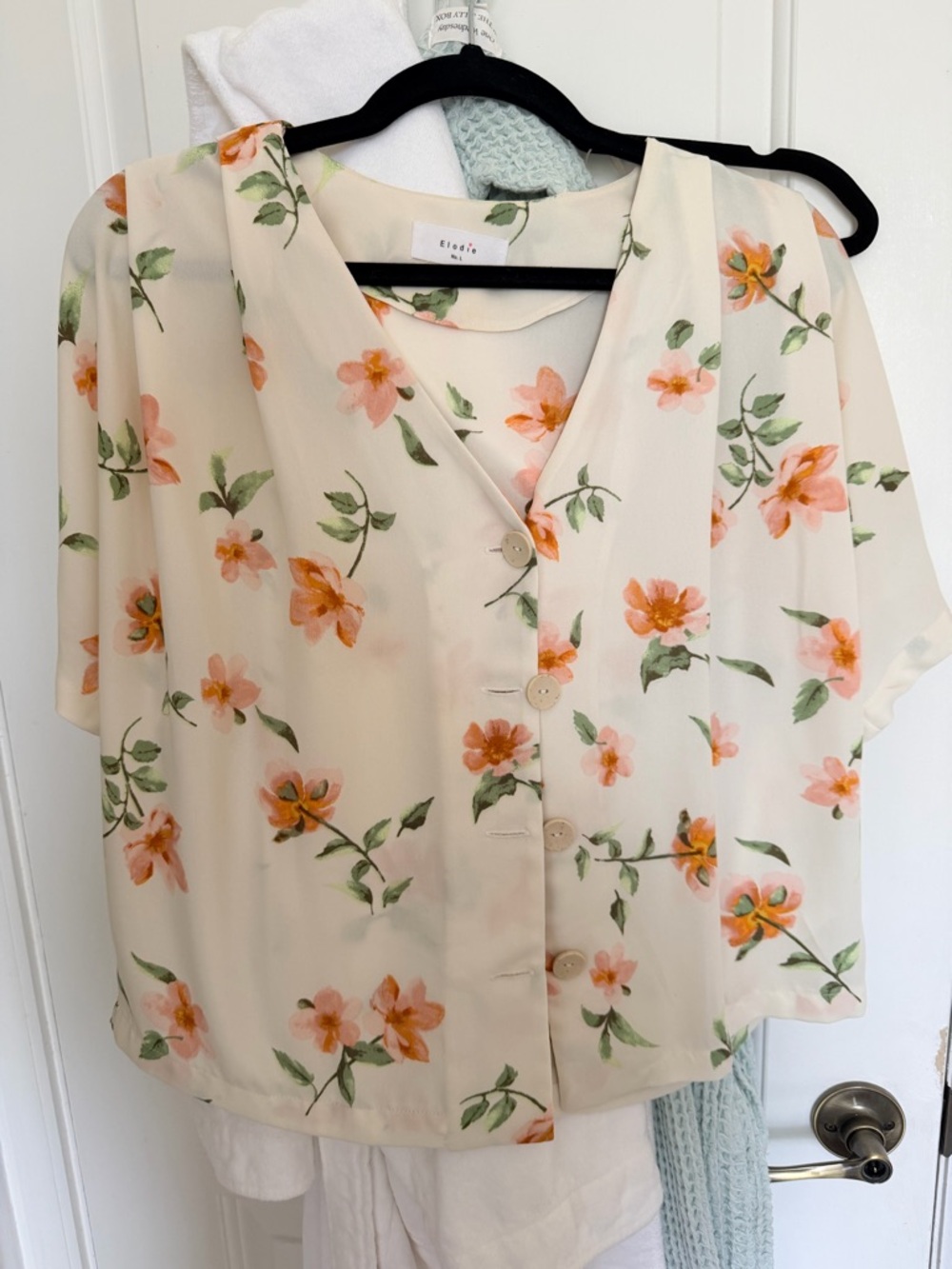 Elodie Cream Floral Button-Front Blouse with Orange Blossoms
